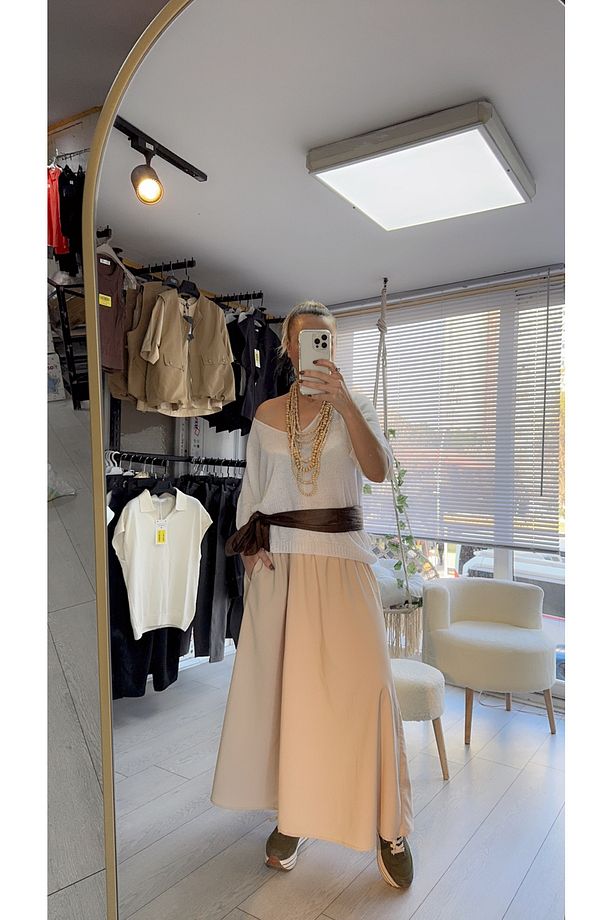 Bej Rengi Salaş Beli Lastikli Midi Etek - 2
