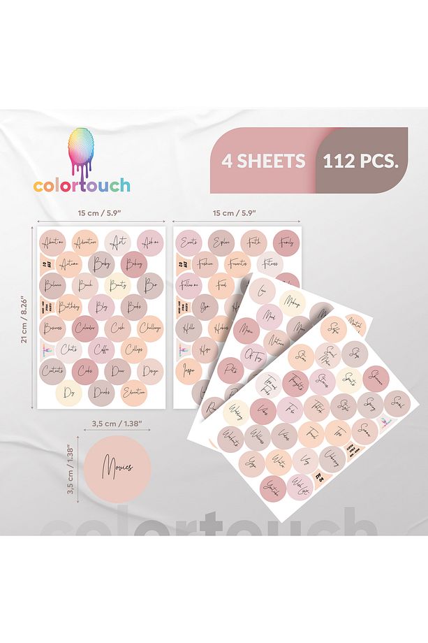 112 adet Kelimeli Yuvarlak Sticker Etiket Seti ( 4 Sayfa A5 Boyut) - 1
