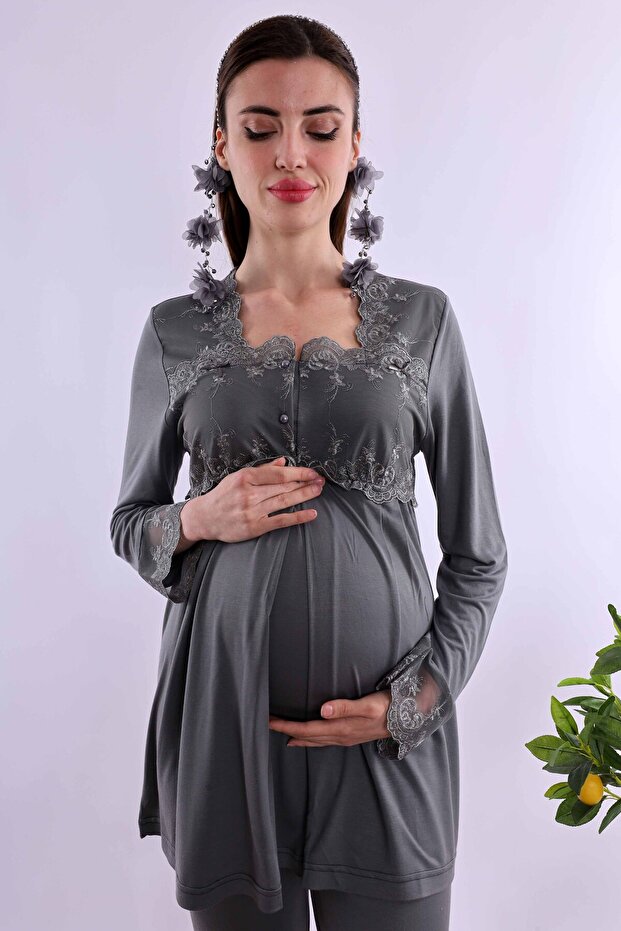 Breastfeeding-Friendly Cotton Maternity Pajama Set - Elastic Waist Effortt - Smoked