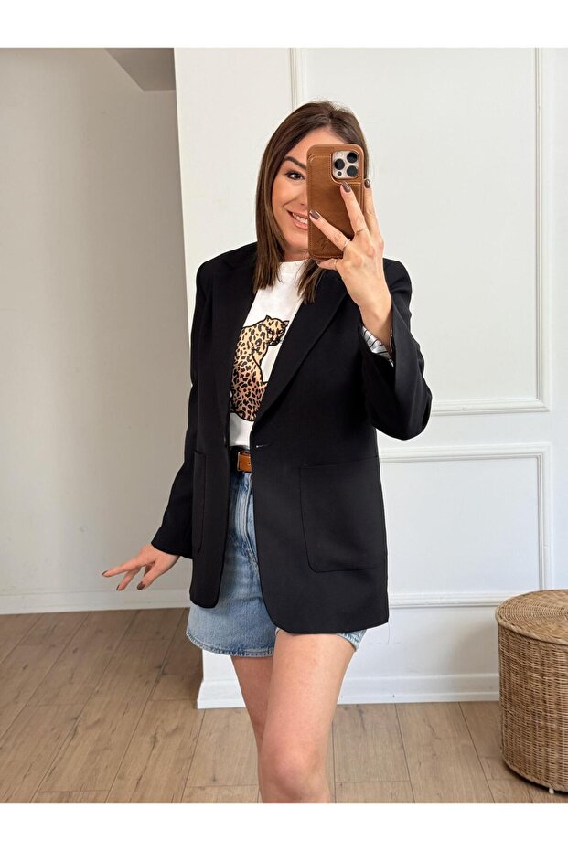 Single button blazer jacket black - 2