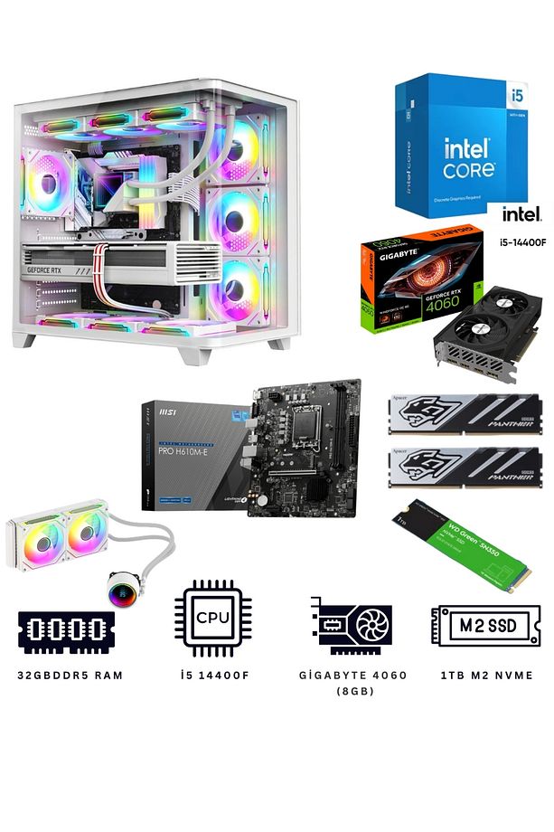 White Ocean 32X İ5 14400F 32GB DDR5 1TB NVME M.2 RTX4060 Ekran Kartlı Oyuncu Bilgisayarı - 1