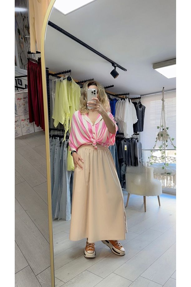 Bej Rengi Salaş Beli Lastikli Midi Etek - 4
