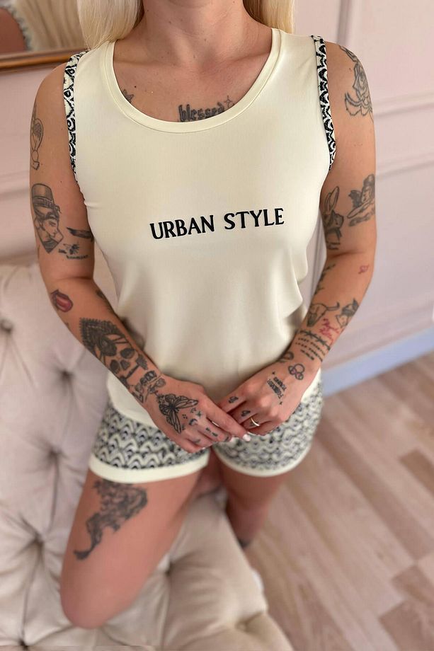 Krem Urban Style Desenli Sıfır Kol Şortlu Örme Kadın Pijama Takımı - 6