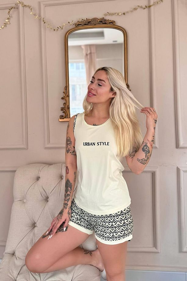 Krem Urban Style Desenli Sıfır Kol Şortlu Örme Kadın Pijama Takımı - 5
