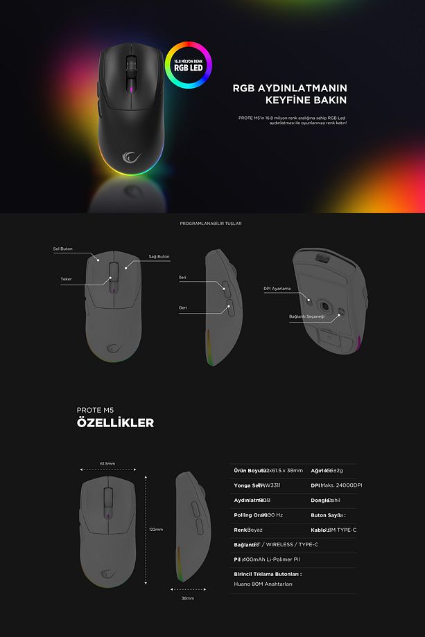 Prote M5 Bluetooth-kablosuz-kablolu Rgb Şarjlı 24000 Dpı 3311 Hafif Gaming Mouse Oyuncu Mouse Siyah - 9