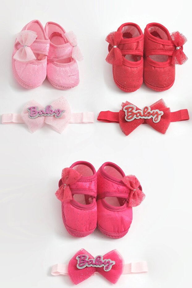 0-3 Months Baby Bandana Booties Set - Red, Fuchsia, Pink