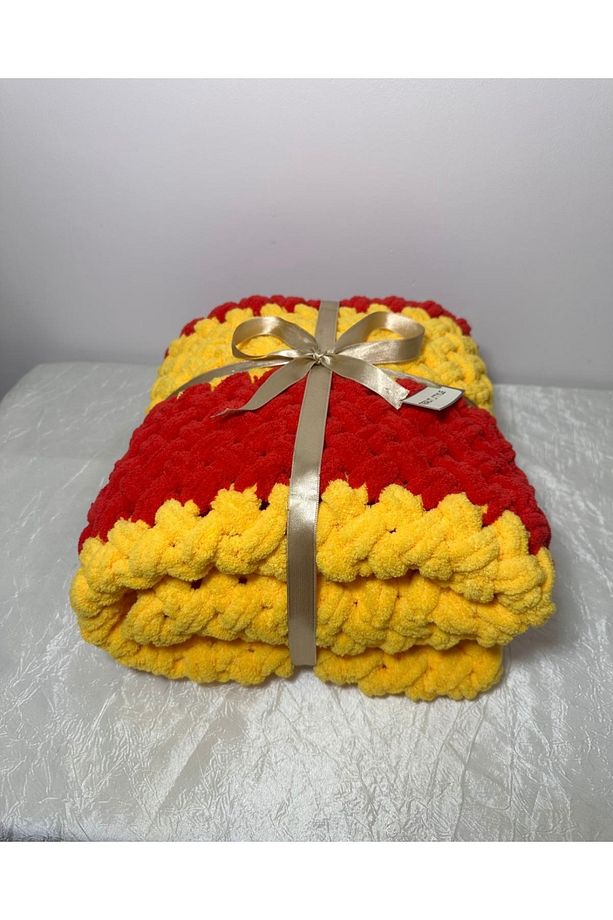 El Örgüsü Alize Puffy Bebek Battaniyesi Sarı Kırmızı Hasır Desen - 3