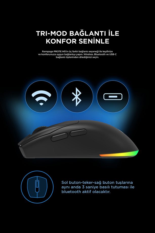 Prote M5 Bluetooth-kablosuz-kablolu Rgb Şarjlı 24000 Dpı 3311 Hafif Gaming Mouse Oyuncu Mouse Siyah - 6