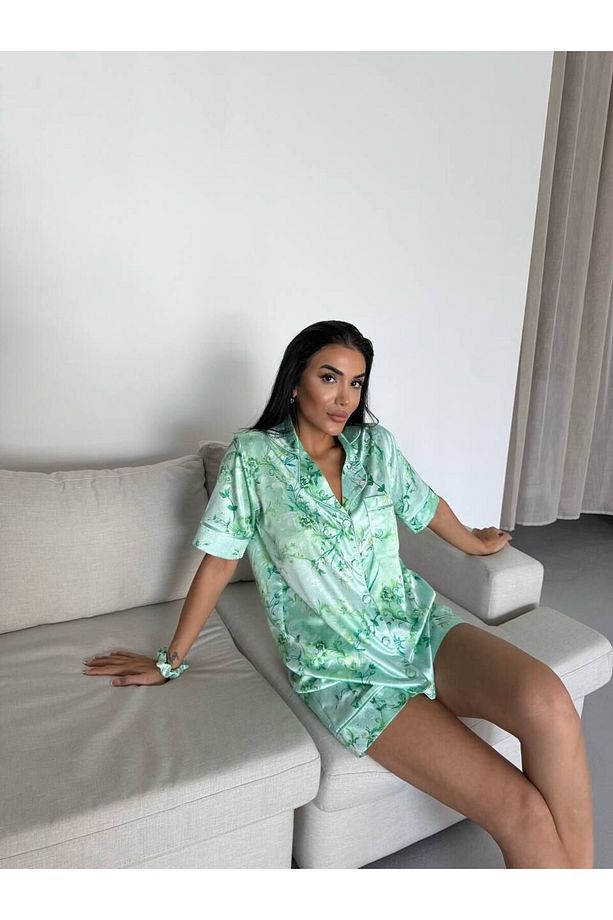 İpek Saten Şortlu Pijama Takımı-M - 2