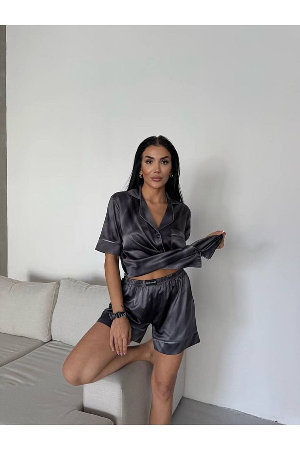 İpek Saten Şortlu Pijama Takımı-L - 7