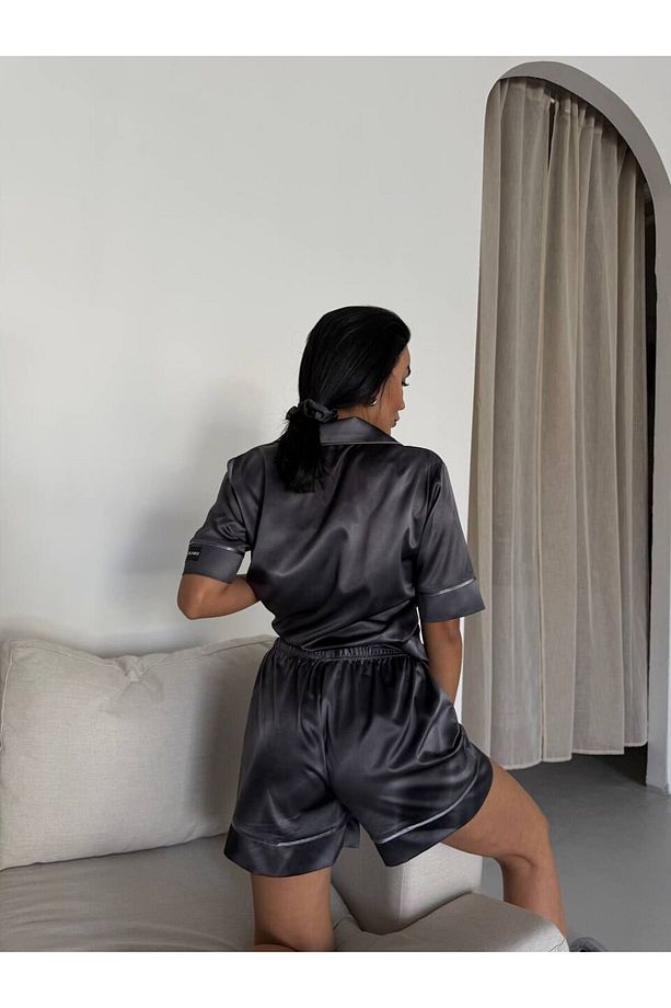 İpek Saten Şortlu Pijama Takımı-L - 2