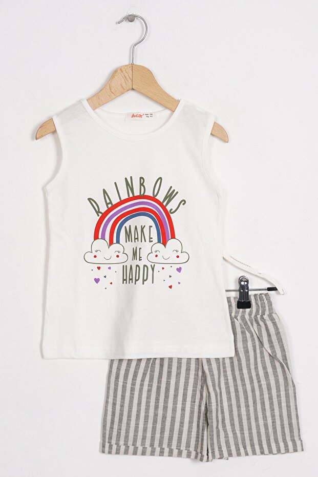 Zero Sleeve Rainbow Printed Striped Ecru Khaki Color Girls Shorts Suit