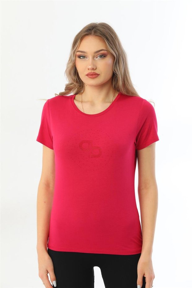 Women's Crew Neck Stone Detailed Short Sleeve T-Shirt-Fuchsia Purple