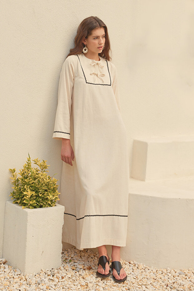 Rahat Keten Elbise Bej - 3