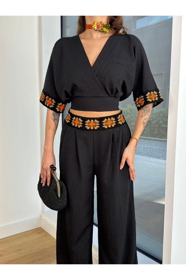 Women's Black Ethnic Patterned Linen V-Neck Crop Blouse Pants Set Tl-100045632