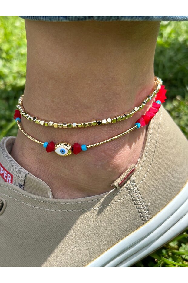 Elegant Stylish Women's Gold Red 2 Piece Set 26 cm Bead Anklet Evil Eye Crystal