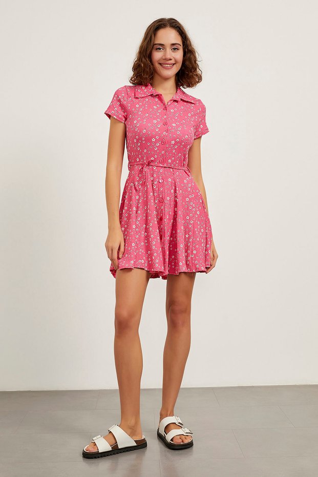 Women's Summer Floral Short Sleeve Fuchsia Mini Dress