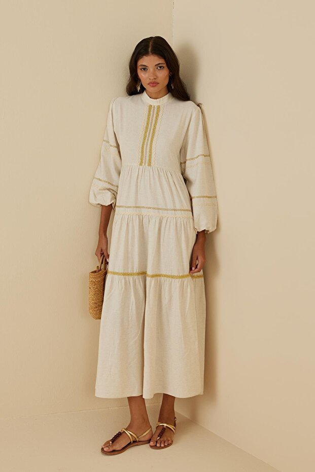 Çok Şeritli Keten Elbise Bej - 2