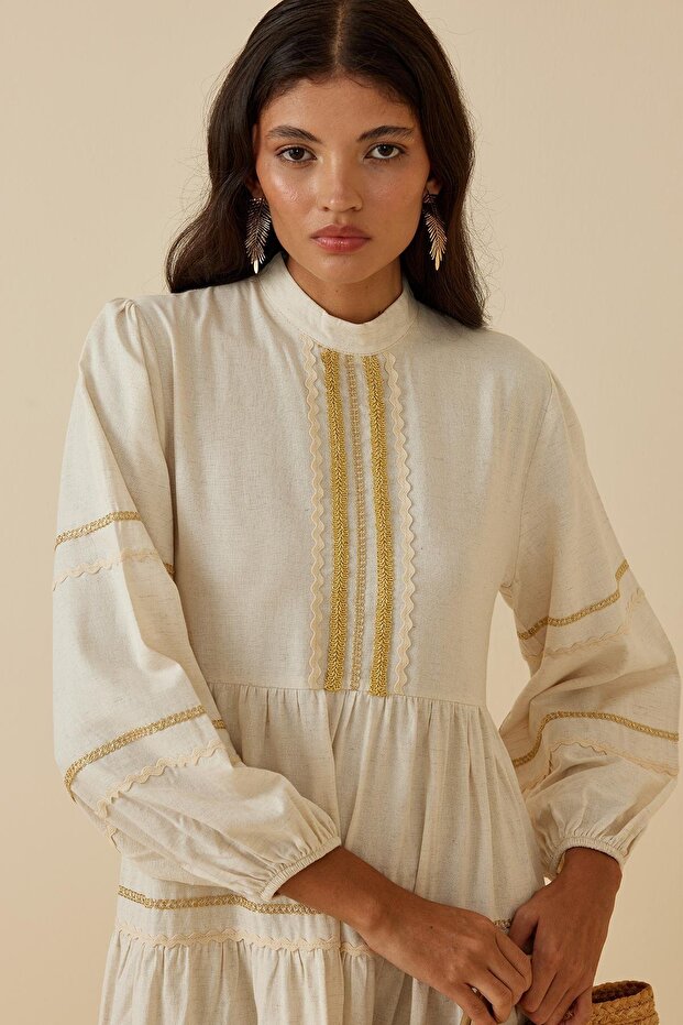 Çok Şeritli Keten Elbise Bej - 8