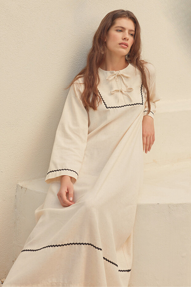 Rahat Keten Elbise Bej - 5