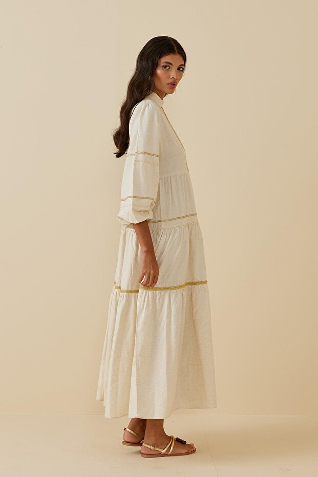 Çok Şeritli Keten Elbise Bej - 1