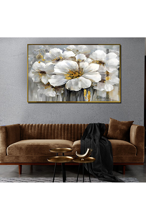 Hari̇kabi̇rev | Gray-Gold Color Abstract Flower (Floverf) | Framed Tempered Glass Table Single Horizontal