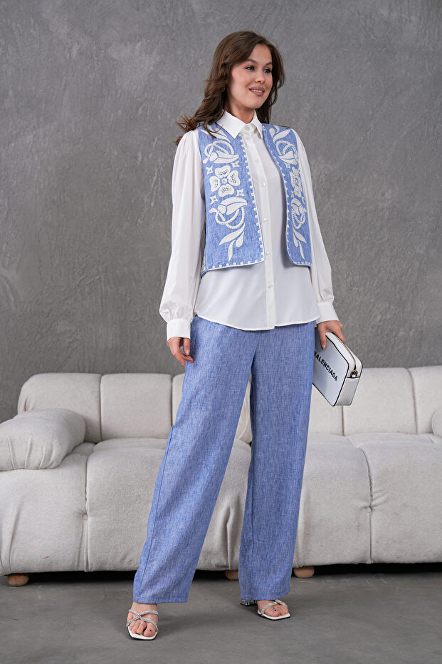 Women's Embroidered Linen Vest Double Set