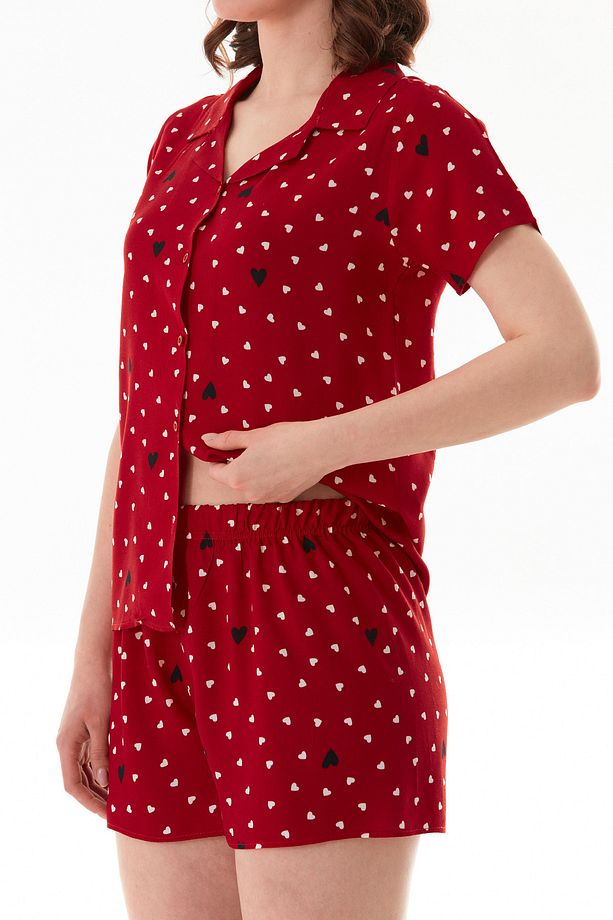 Kalp Desenli Gömlek Yaka Şortlu Pijama Takımı - 7
