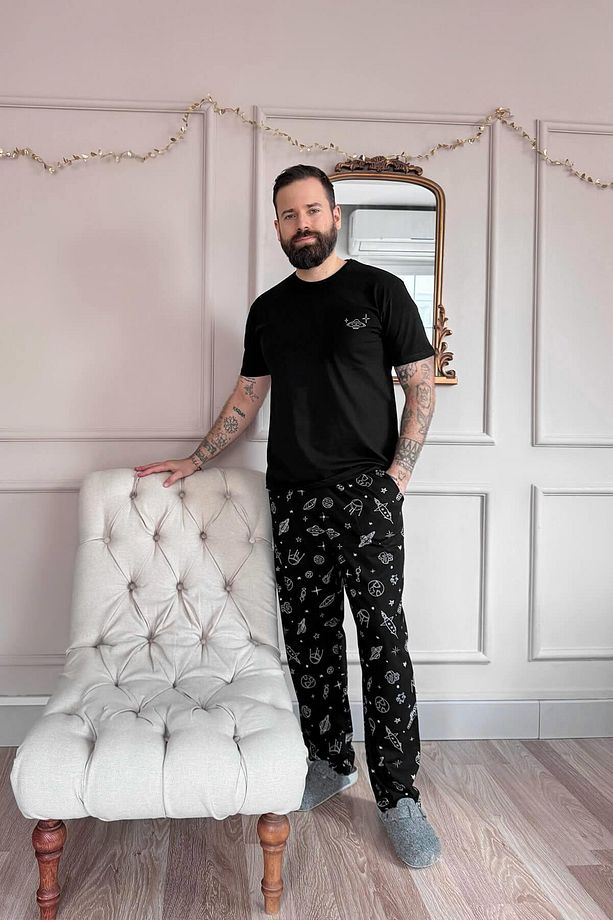 Siyah Space Baskılı Kısa Kol Erkek Pijama Takımı - 7