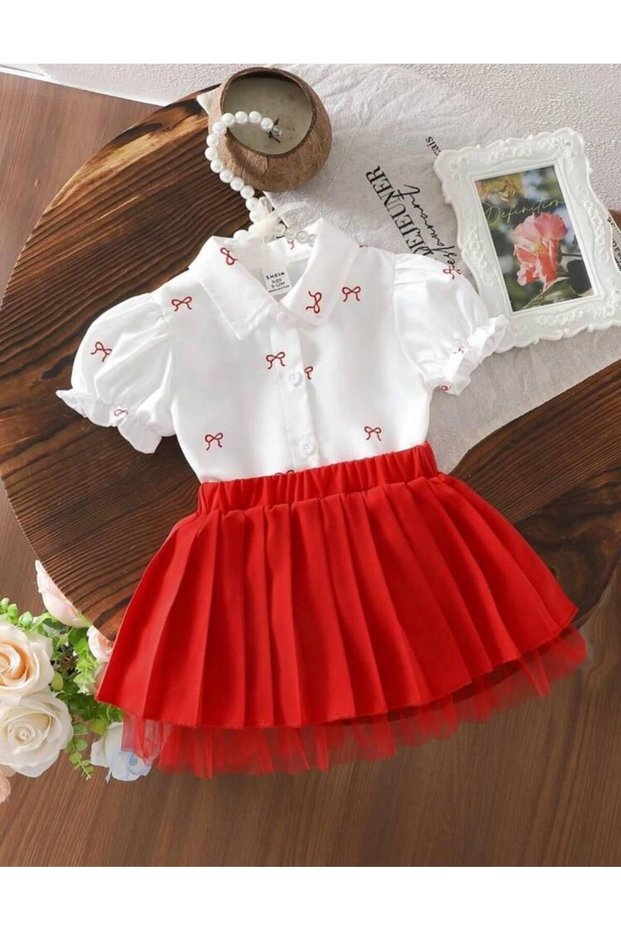 Yigit Boutique Bow Embroidered Poplin Fabric Girl's Skirt Suit