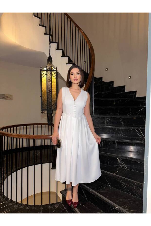 Buttoned Front V-Neck Skirt Flounce Midi Dress