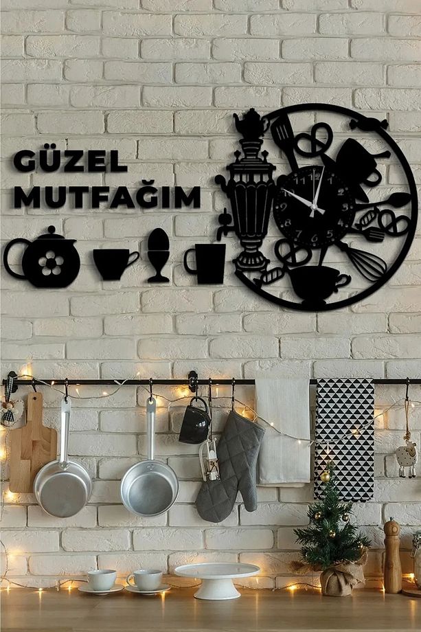 Güzel Mutfağım Yazılı Semaver Saat ve Aksesuarlı - Ahşap Mutfak Saat - 2