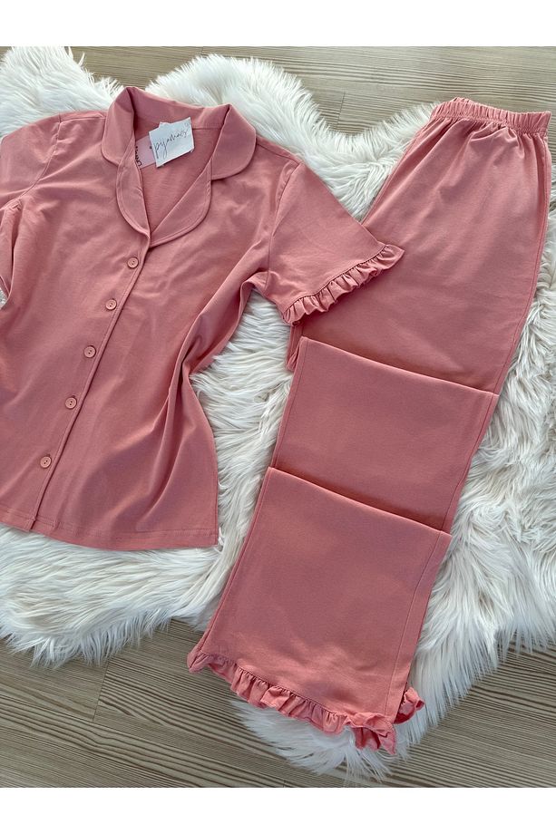 Gül Kurusu Pamuklu Kol ve Paça Fırfır Detaylı Kısa Kol Önden Düğmeli Pijama Takımı - 7