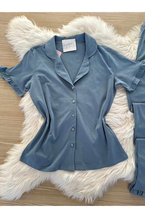 Mavi Pamuklu Kol ve Paça Fırfır Detaylı Kısa Kol Önden Düğmeli Pijama Takımı - 5