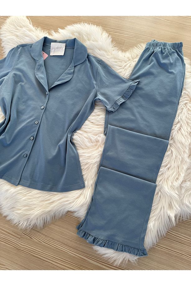 Mavi Pamuklu Kol ve Paça Fırfır Detaylı Kısa Kol Önden Düğmeli Pijama Takımı - 4