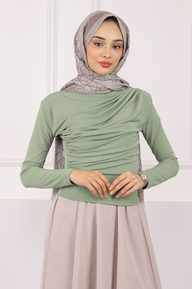 Light Khaki Turtleneck Draped Sandy Blouse