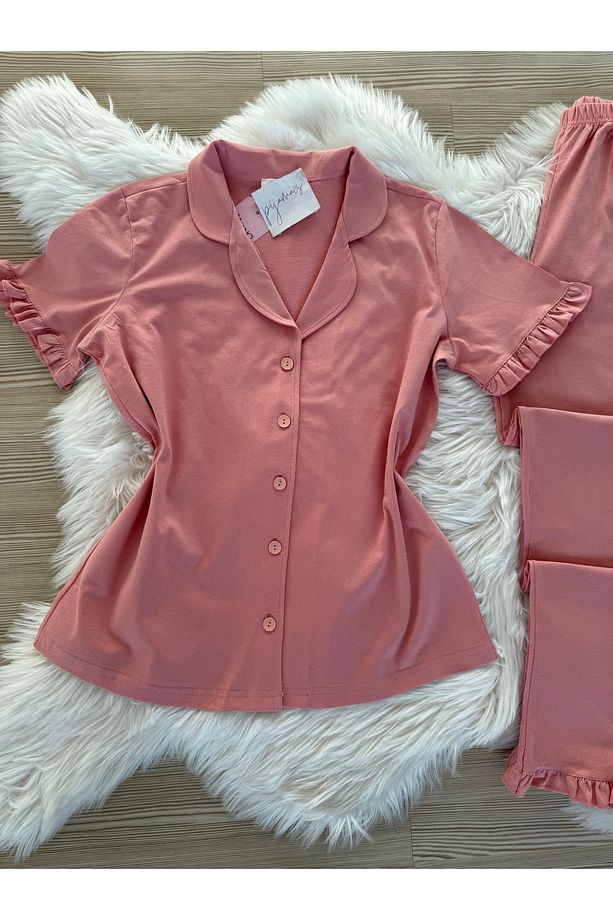 Gül Kurusu Pamuklu Kol ve Paça Fırfır Detaylı Kısa Kol Önden Düğmeli Pijama Takımı - 5