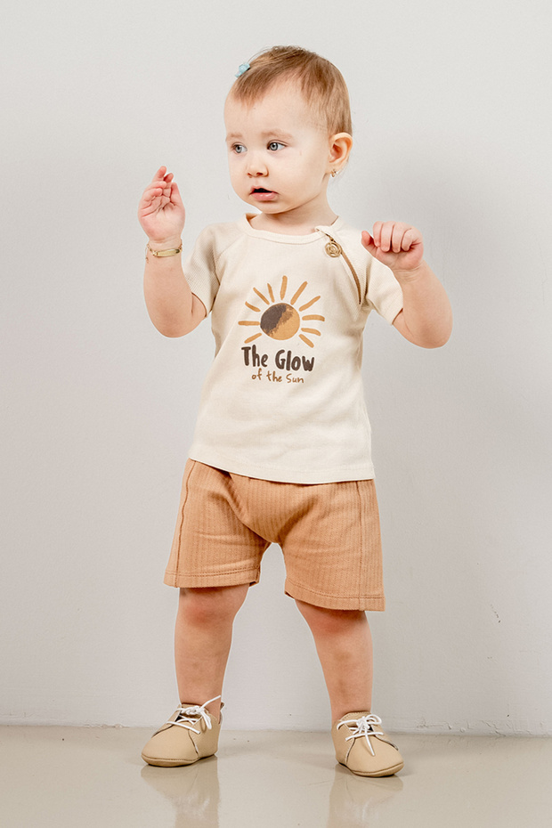 Baby Kids Camel Crew Neck Shorts Cotton Comfortable 2-Piece Set Trend Fashion Bottom Top Set
