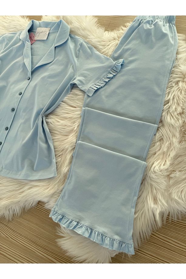 Bebe Mavisi Pamuklu Kol ve Paça Fırfır Detaylı Kısa Kol Önden Düğmeli Pijama Takımı - 8