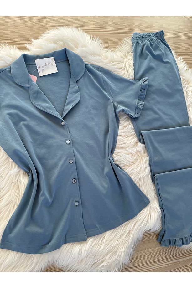 Mavi Pamuklu Kol ve Paça Fırfır Detaylı Kısa Kol Önden Düğmeli Pijama Takımı - 3
