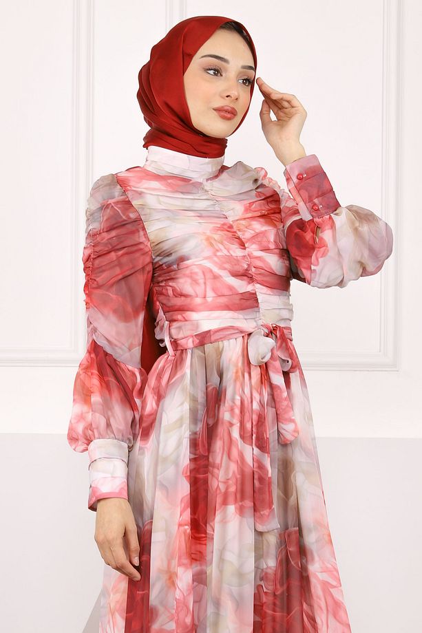 Bordo Kolu Ve Önü Büzgülü Şifon Elbise - 4