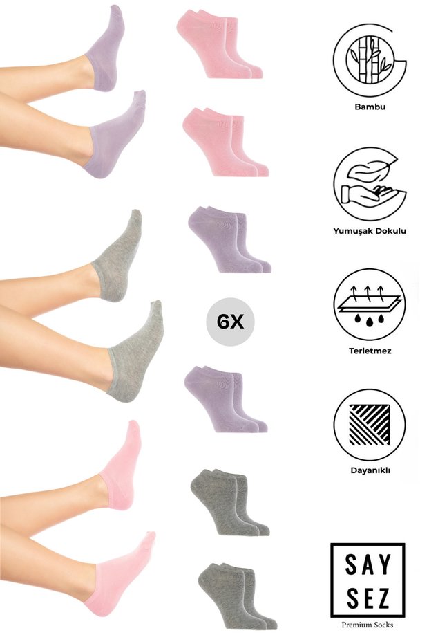Bamboo Women's Sneaker Gray-Pink-Lilac Socks Seamless Invisible Ankle Sports Socks Premium 6-Pack