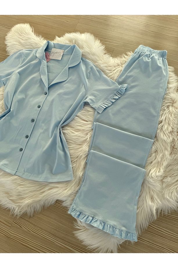 Bebe Mavisi Pamuklu Kol ve Paça Fırfır Detaylı Kısa Kol Önden Düğmeli Pijama Takımı - 5