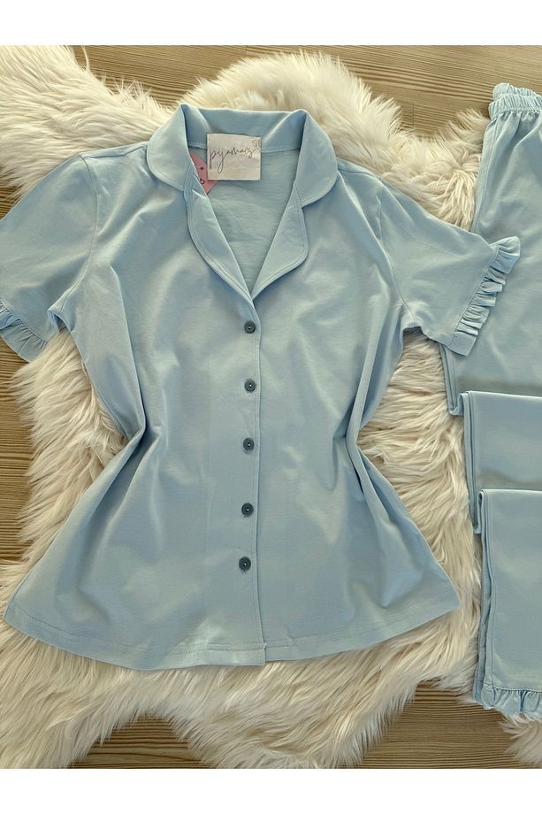 Bebe Mavisi Pamuklu Kol ve Paça Fırfır Detaylı Kısa Kol Önden Düğmeli Pijama Takımı - 4