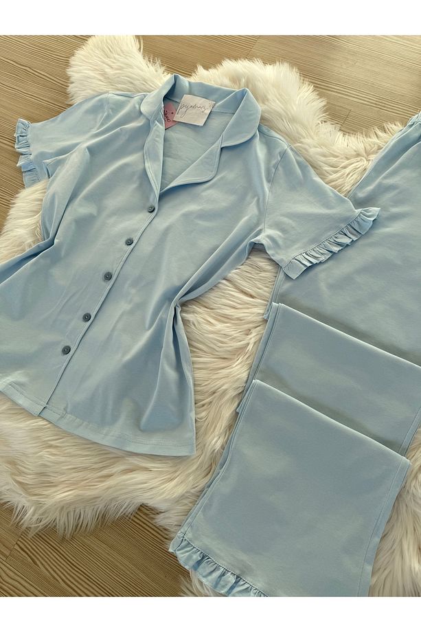 Bebe Mavisi Pamuklu Kol ve Paça Fırfır Detaylı Kısa Kol Önden Düğmeli Pijama Takımı - 6
