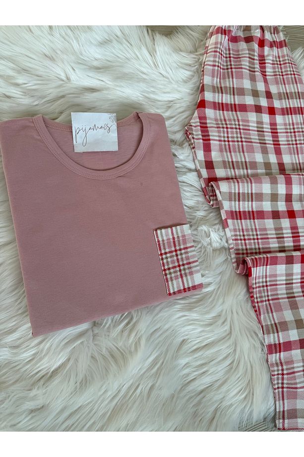 Pembe Ekose Desenli Pamuklu Uzun Kol Örme Pijama Takımı - 4