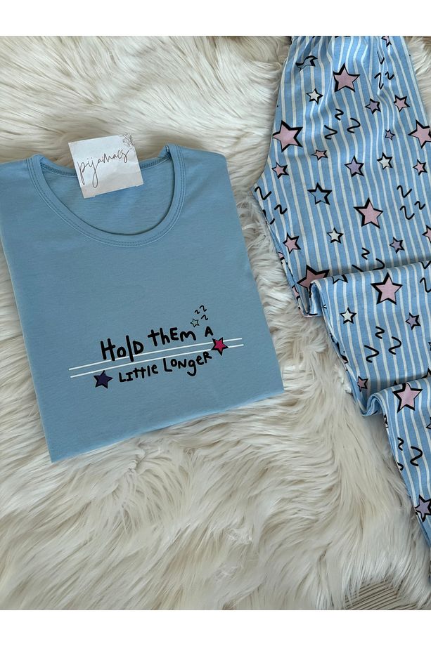 Mavi Yıldız Desenli Pamuklu Uzun Kol Örme Pijama Takımı - 3