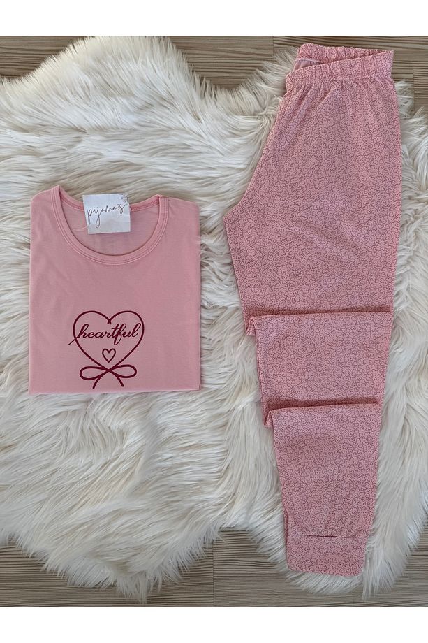 Pembe Mini Kalp Desenli Pamuklu Kısa Kol Örme Pijama Takımı - 1