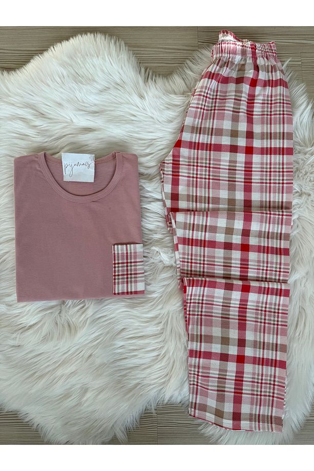 Pembe Ekose Desenli Pamuklu Uzun Kol Örme Pijama Takımı - 1