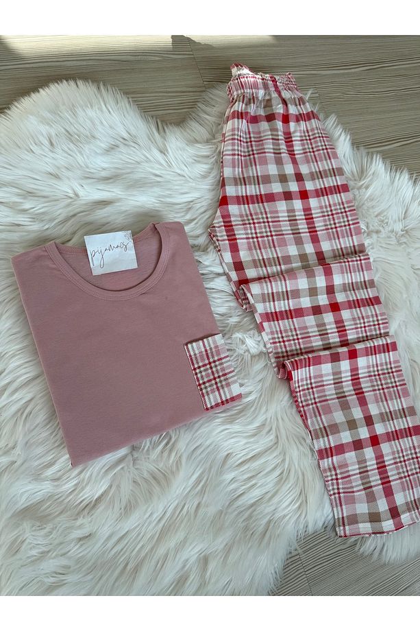 Pembe Ekose Desenli Pamuklu Uzun Kol Örme Pijama Takımı - 2